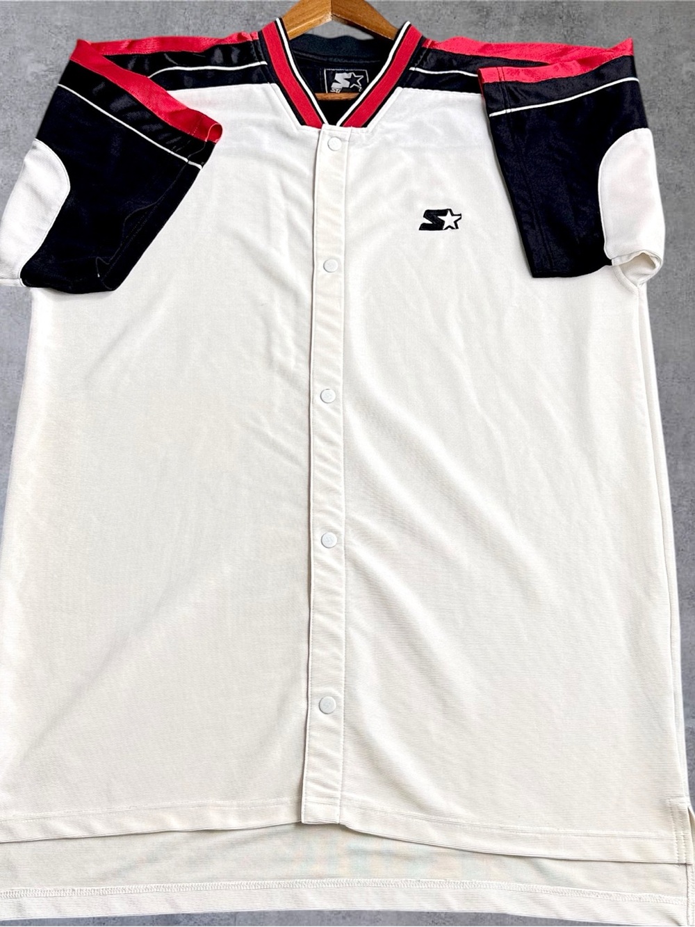 Starter Mens XL Vintage 90s Baseball Jersey White Black Red Snap Front Hip Hop